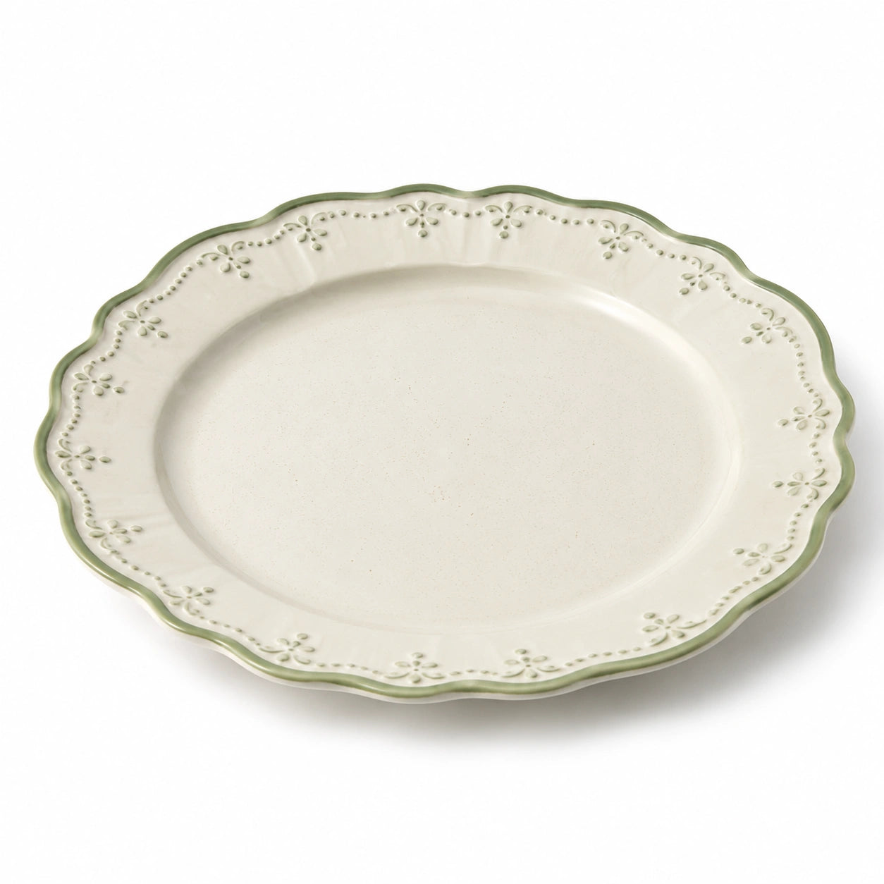 Assiette plate 26 cm en céramique crème et vert style champêtre