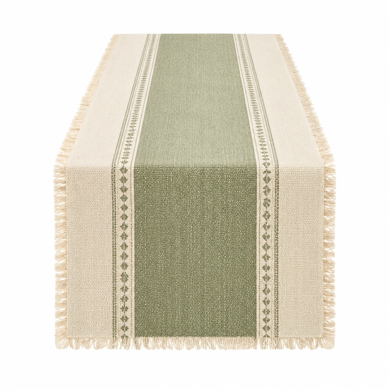 Chemin de table 180 x 40 cm textile vert écru tissé à franges