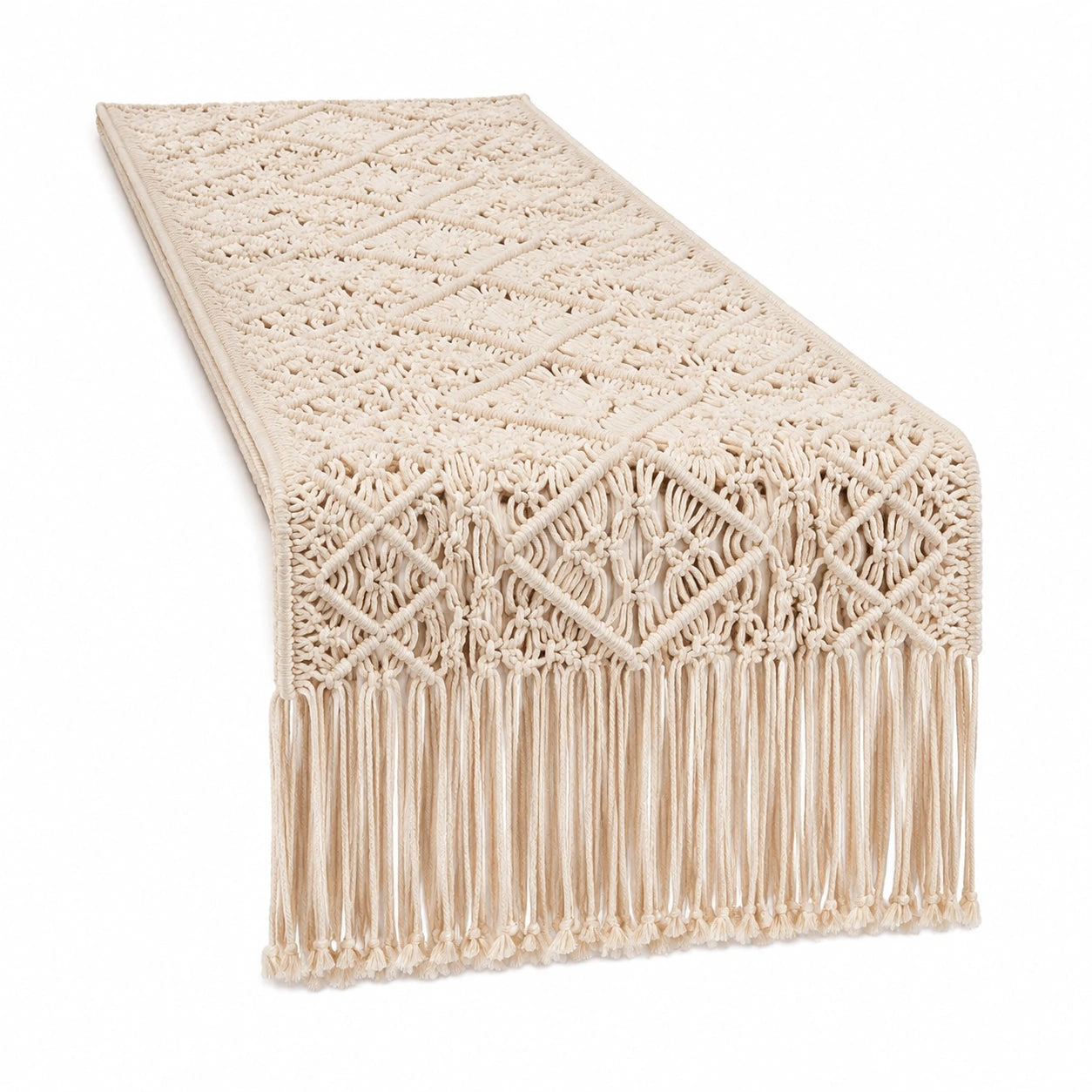 Chemin de table 180 cm en coton écru macramé à franges décoratif