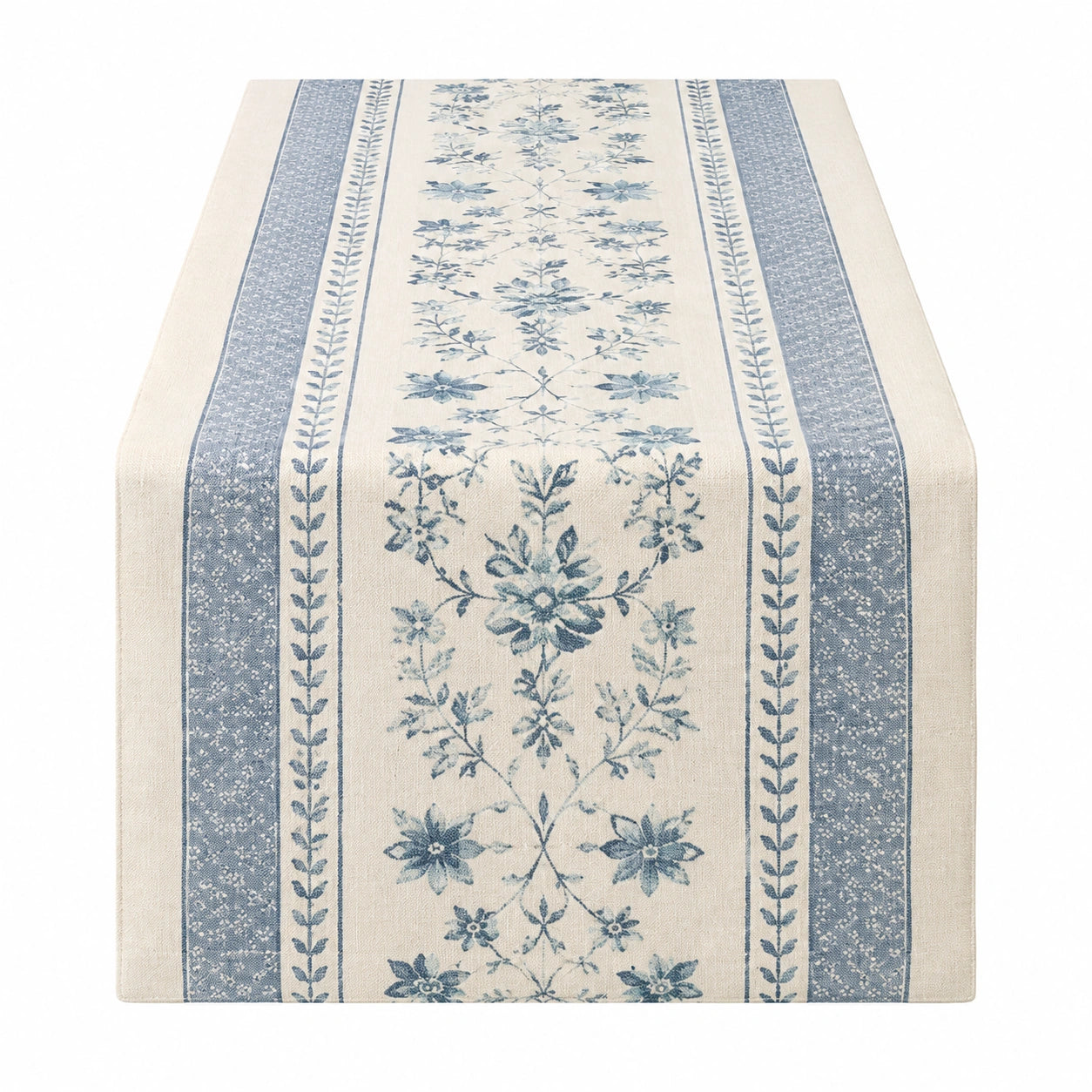Chemin de table 180 x 33 cm en tissu beige et bleu à motif floral style champêtre