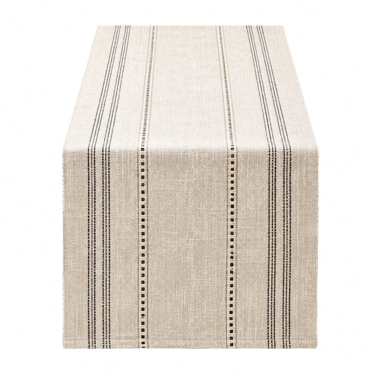 Chemin de table 180 x 33 cm en tissu tissé beige et noir à rayures décoratif
