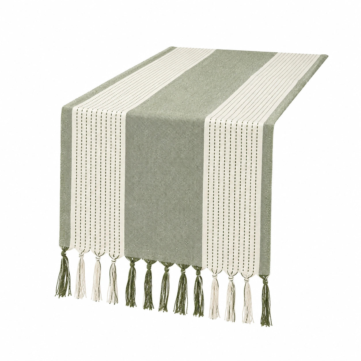 Chemin de table 180 x 33 cm en coton vert et beige rayé à franges