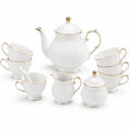 Service à thé 10 pièces théière 22 cm en porcelaine blanche et dorée pour 6 personnes style classique