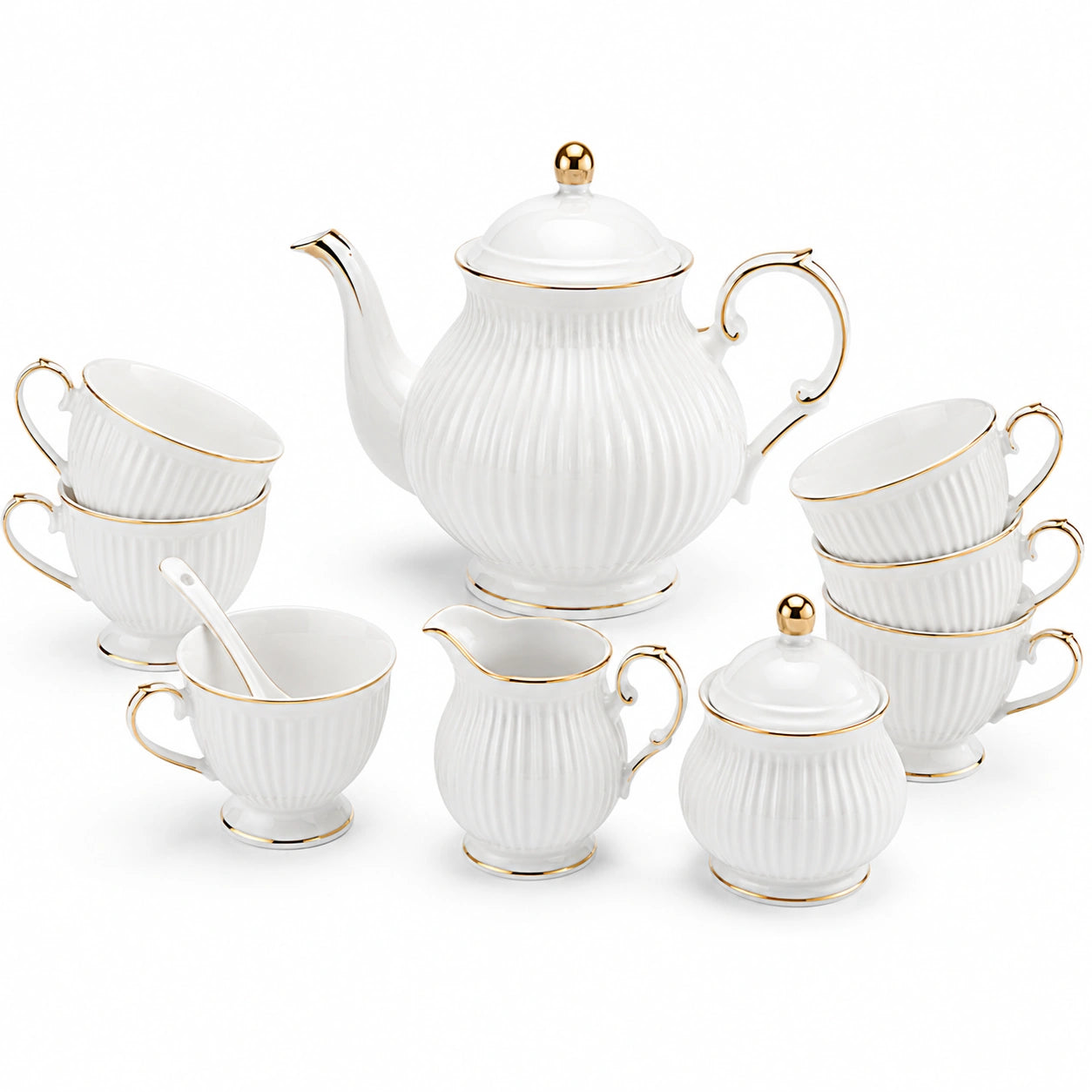 Service à thé 10 pièces théière 22 cm en porcelaine blanche et dorée pour 6 personnes style classique