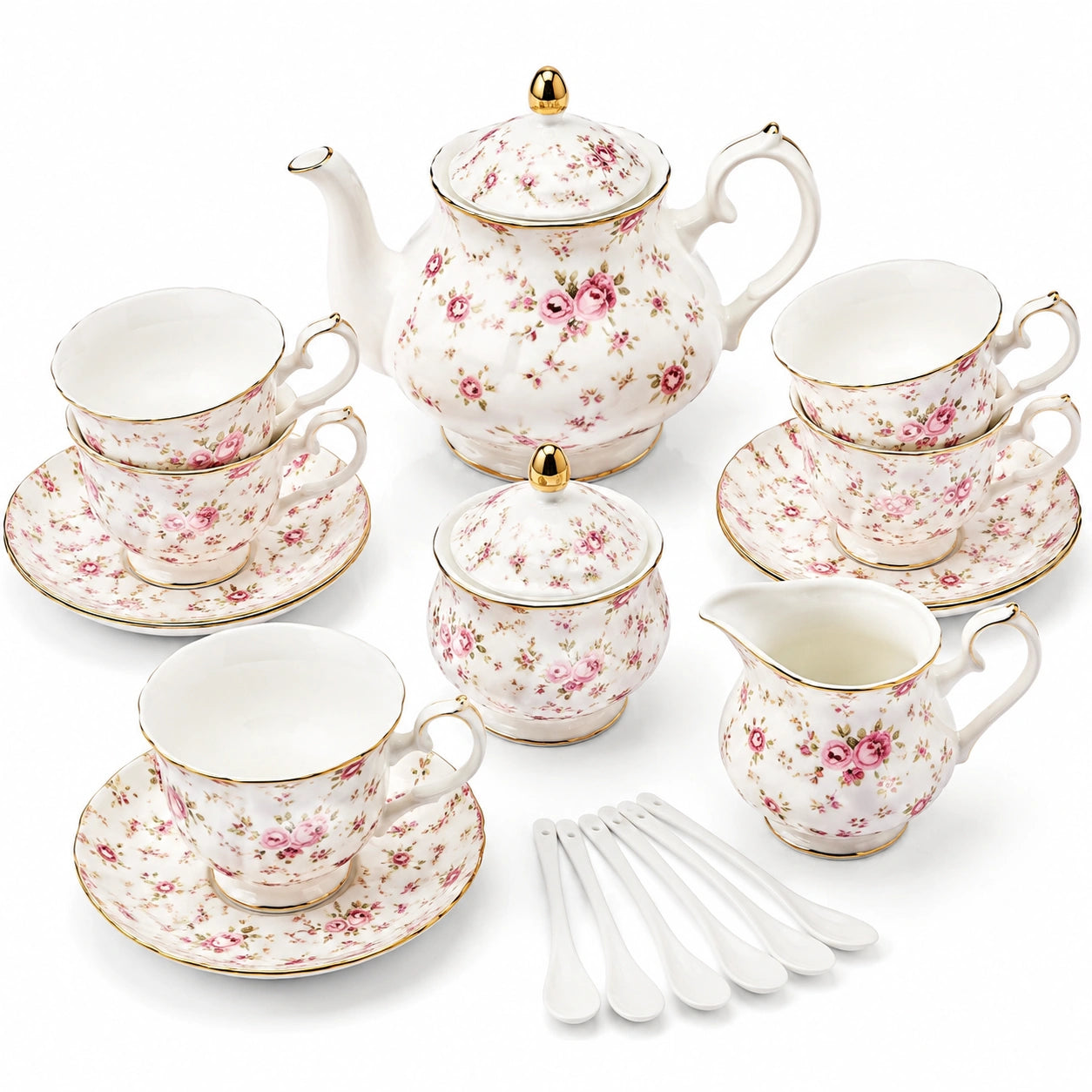 Service à thé 5 personnes 22 cm en porcelaine blanc rose fleuri avec liseré doré