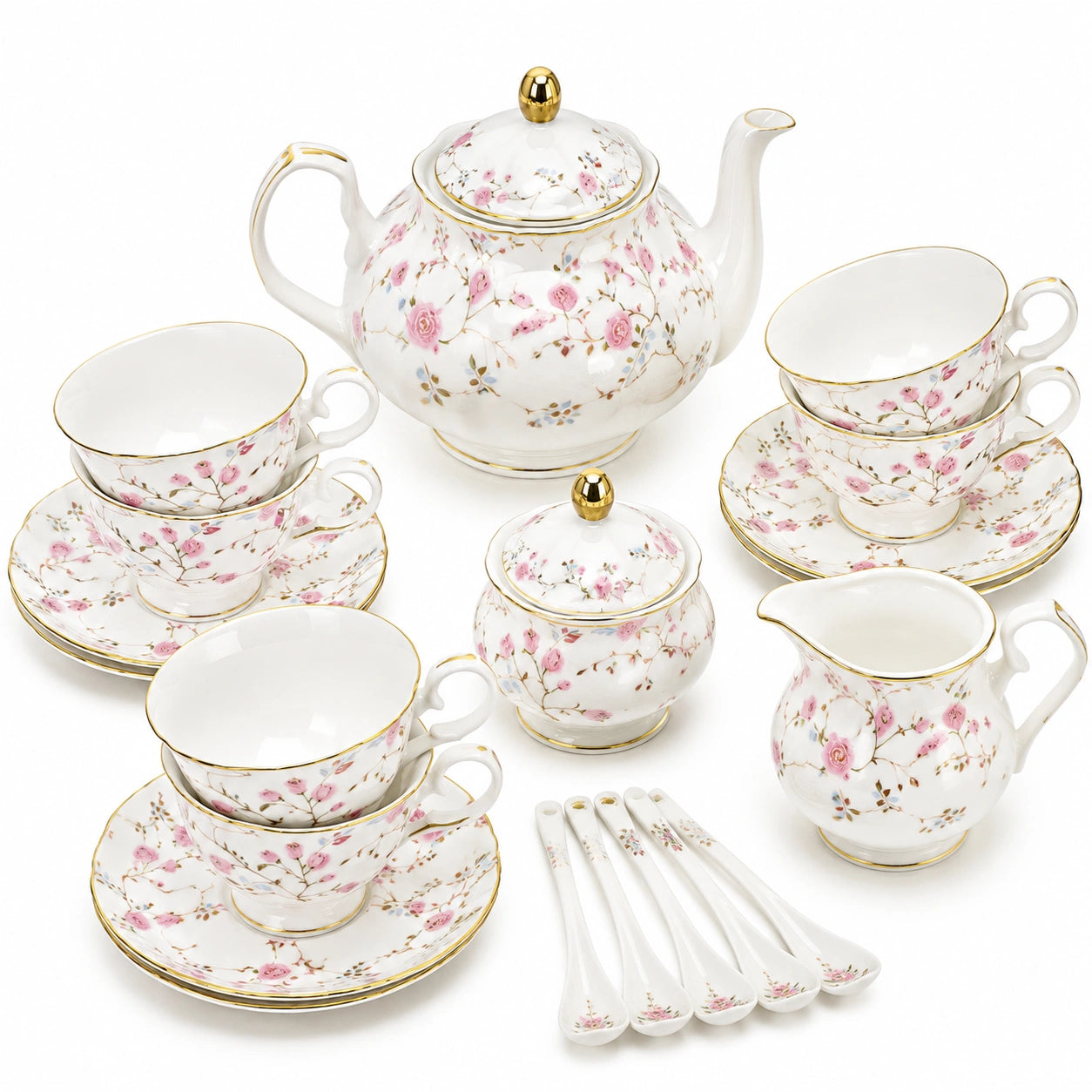 Service à thé 6 personnes 1200 ml en porcelaine blanc rose floral doré
