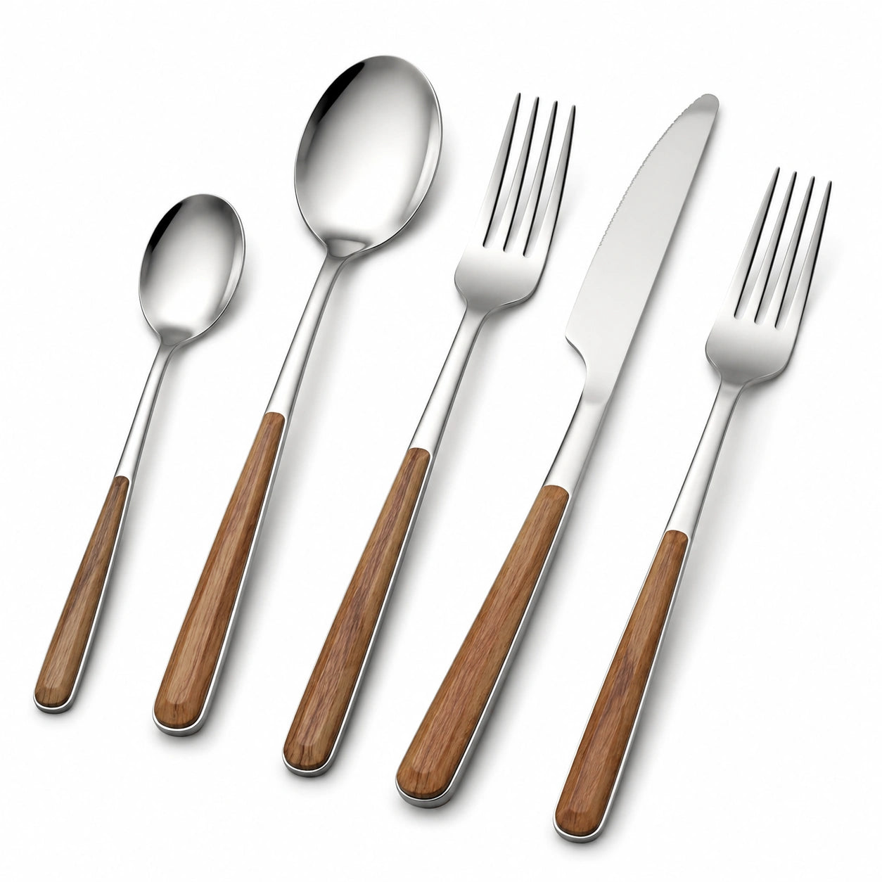 Ménagère 5 pièces 23 cm en acier inoxydable argenté et bois pour table