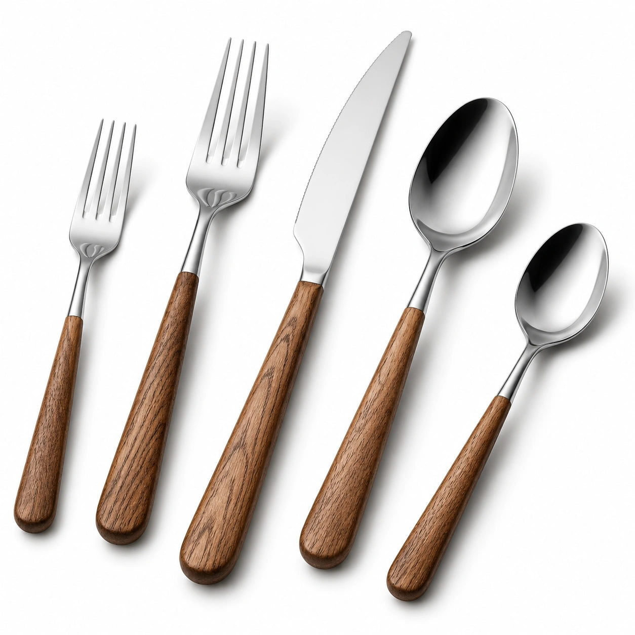 Ménagère 5 pièces 14 à 22 cm en acier inoxydable et bois marron style contemporain