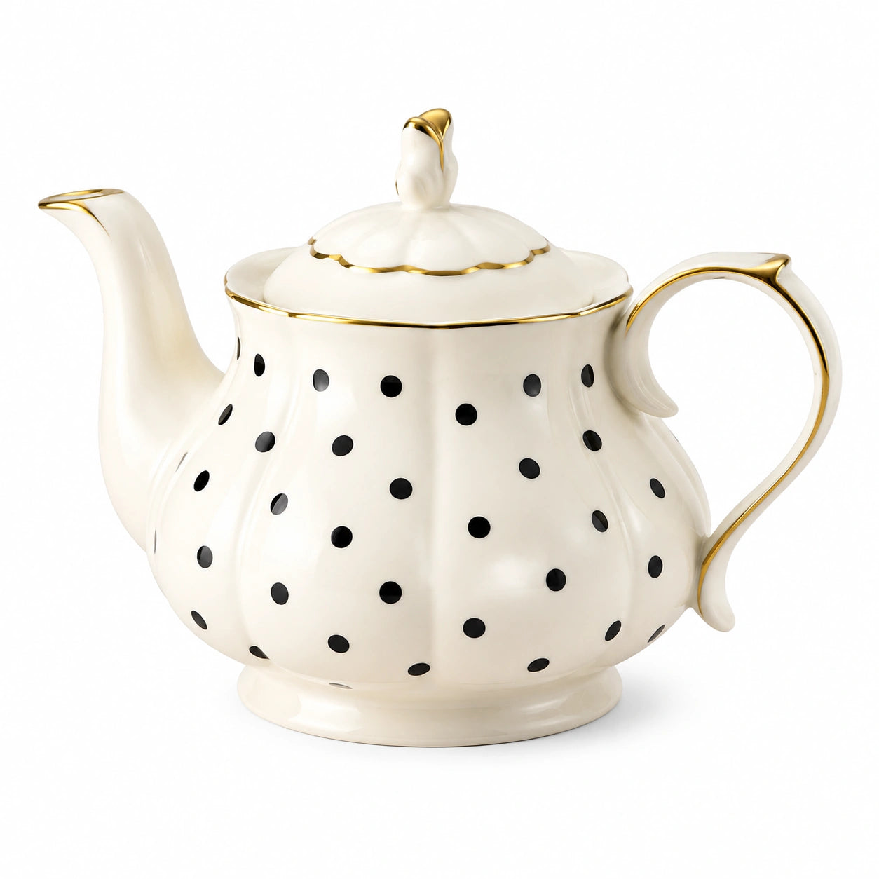 Théière 1000 ml en porcelaine ivoire à pois noirs avec couvercle style classique